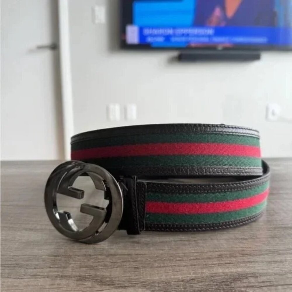 Gucci Brown Leather and Cloth Belt Great Condition Fits Waists 32-36